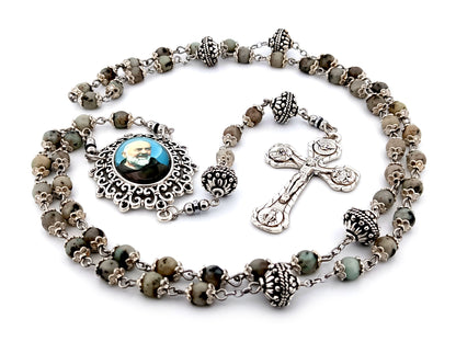 Saint Padre Pio unique rosary beads crazy agate gemstone and silver rosary with Four Basilicas crucifix.
