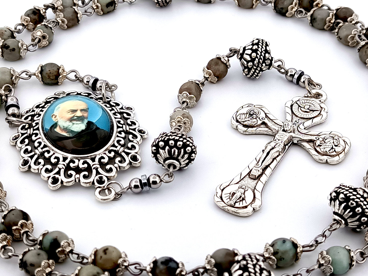 Saint Padre Pio unique rosary beads crazy agate gemstone and silver rosary with Four Basilicas crucifix.