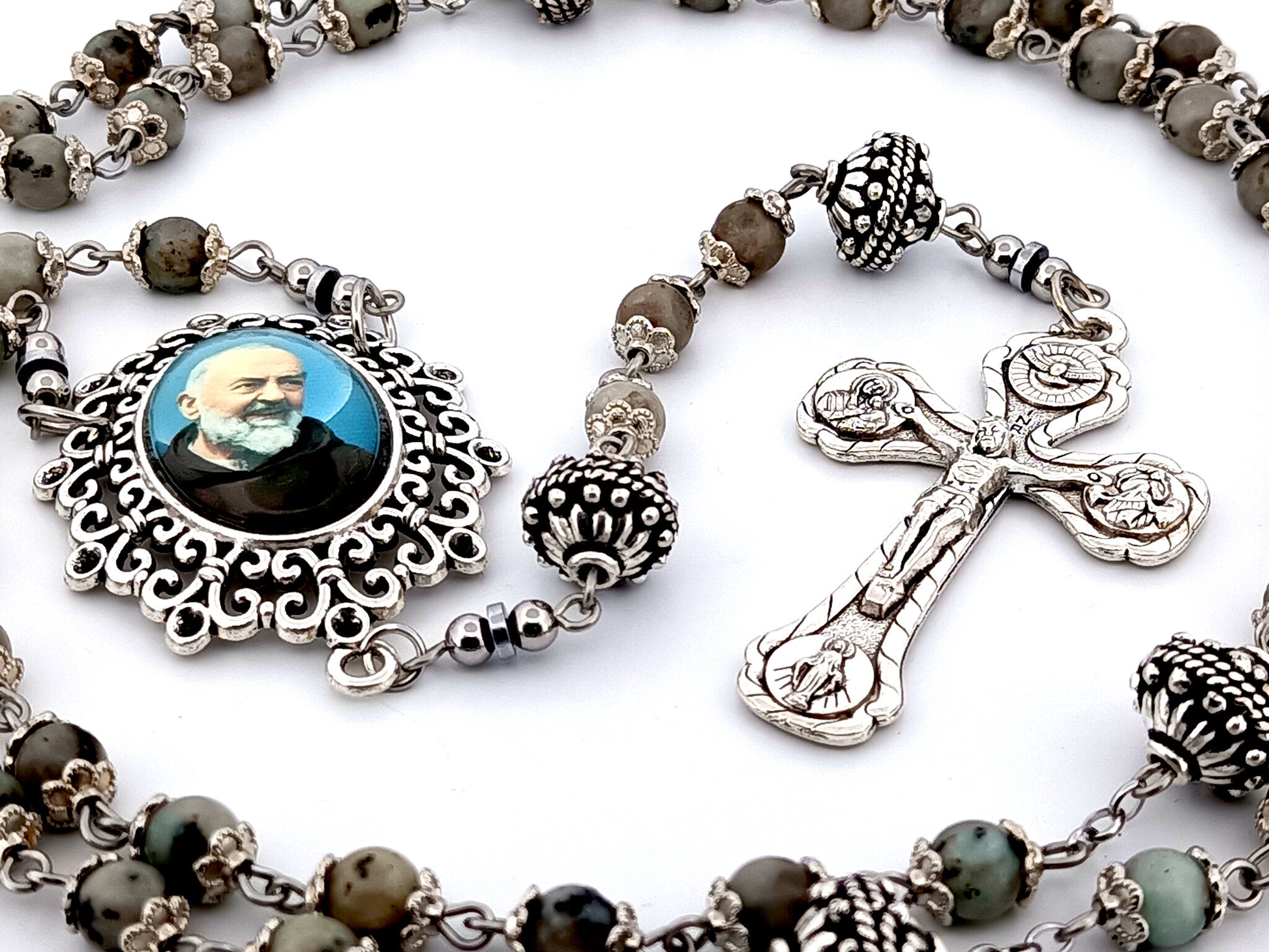 Saint Padre Pio unique rosary beads crazy agate gemstone and silver rosary with Four Basilicas crucifix.