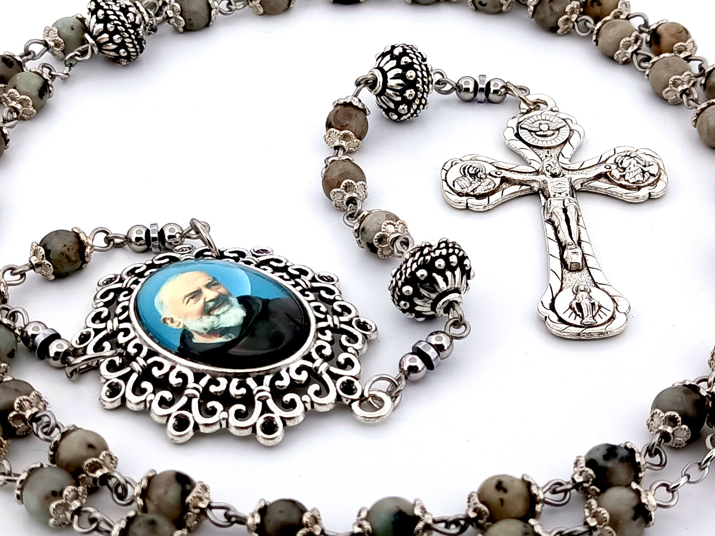 Saint Padre Pio unique rosary beads crazy agate gemstone and silver rosary with Four Basilicas crucifix.