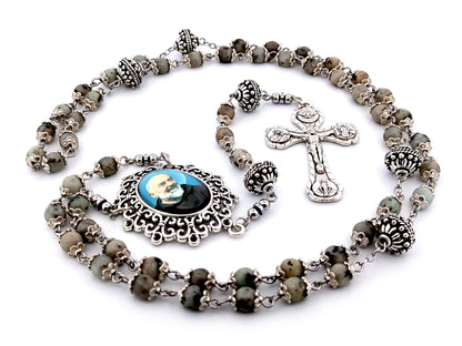Saint Padre Pio unique rosary beads crazy agate gemstone and silver rosary with Four Basilicas crucifix.