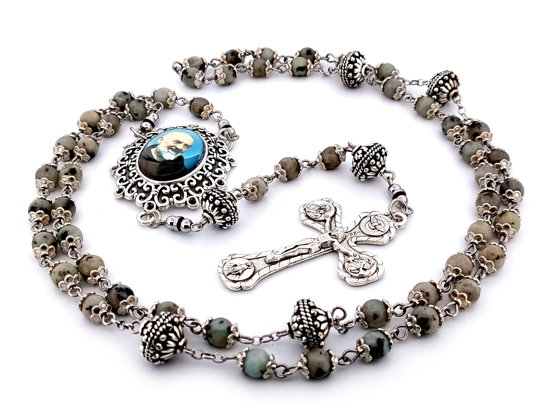 Saint Padre Pio unique rosary beads crazy agate gemstone and silver rosary with Four Basilicas crucifix.