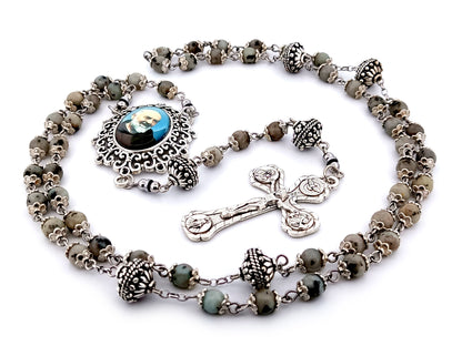 Saint Padre Pio unique rosary beads crazy agate gemstone and silver rosary with Four Basilicas crucifix.