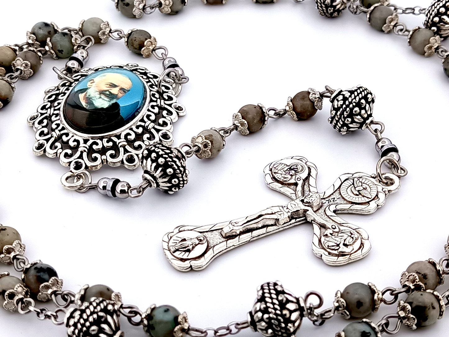 Saint Padre Pio unique rosary beads crazy agate gemstone and silver rosary with Four Basilicas crucifix.