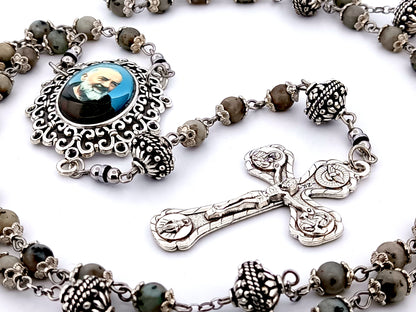 Saint Padre Pio unique rosary beads crazy agate gemstone and silver rosary with Four Basilicas crucifix.