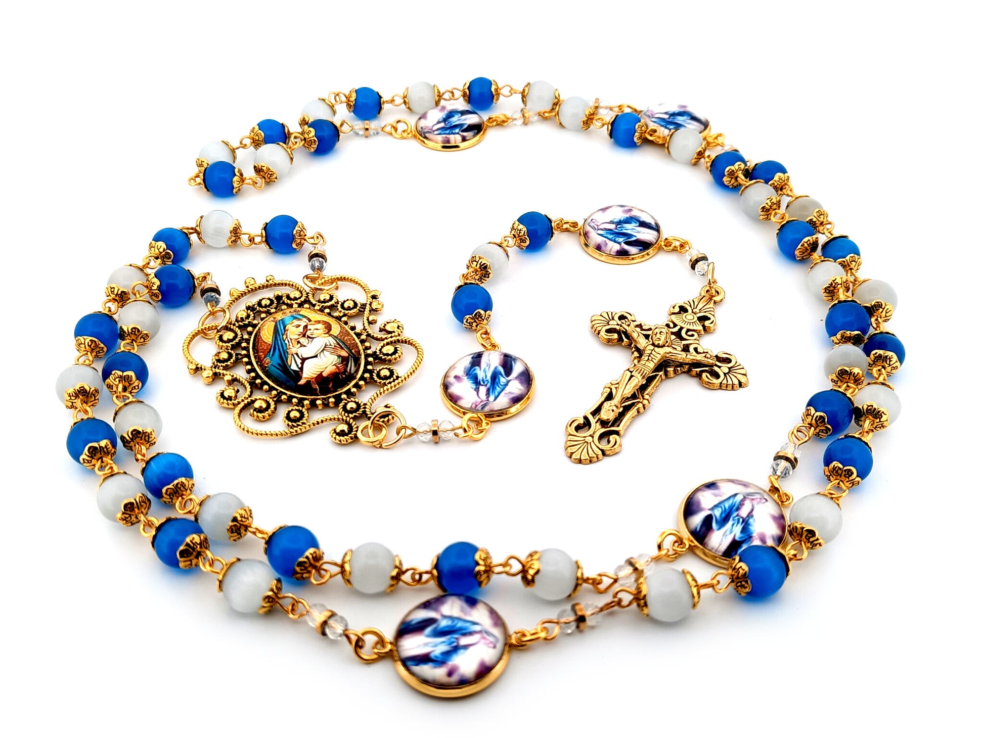 Our Lady of Perpetual Help unique rosary beads blue and opal glass rosary with gold plated filigree crucifix.