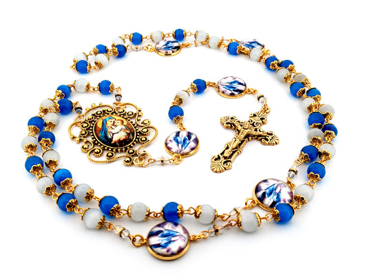 Our Lady of Perpetual Help unique rosary beads blue and opal glass rosary with gold plated filigree crucifix.