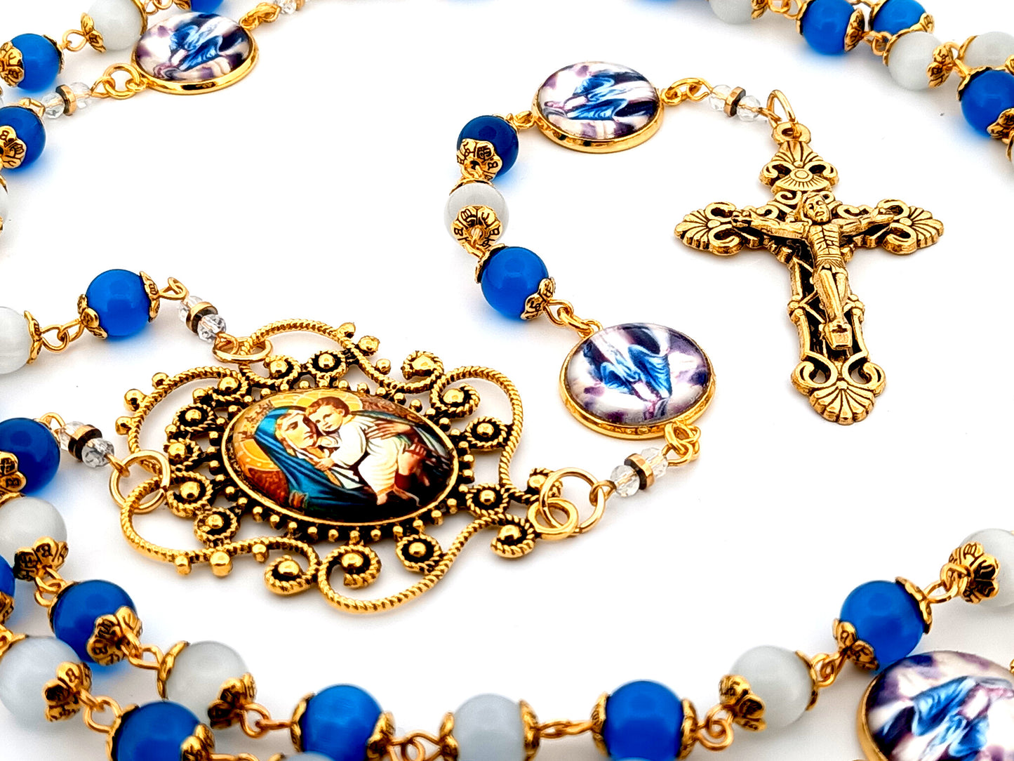 Our Lady of Perpetual Help unique rosary beads blue and opal glass rosary with gold plated filigree crucifix.