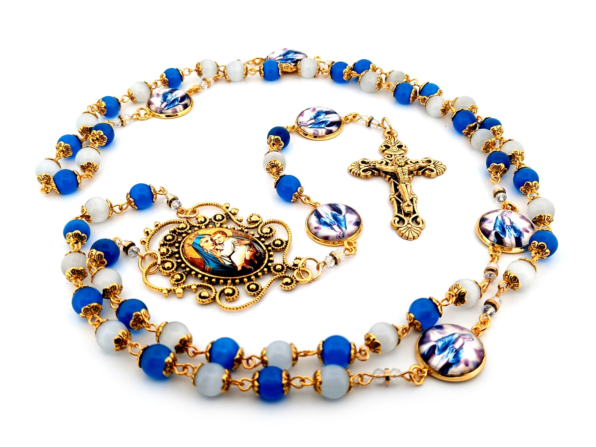 Our Lady of Perpetual Help unique rosary beads blue and opal glass rosary with gold plated filigree crucifix.