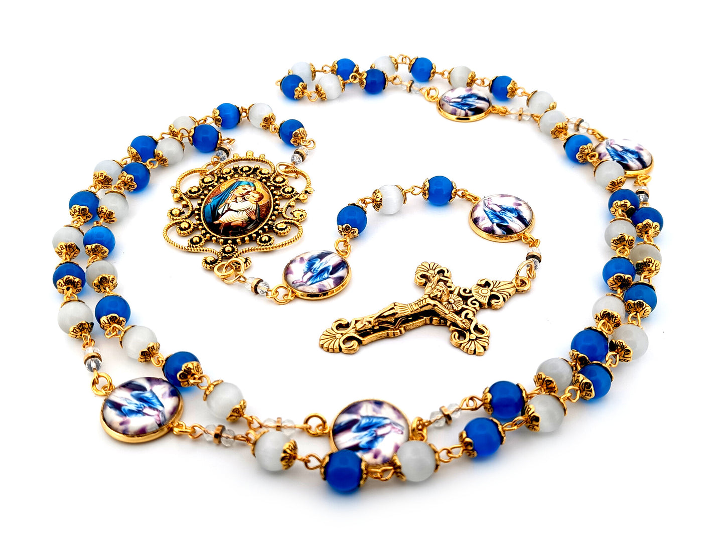 Our Lady of Perpetual Help unique rosary beads blue and opal glass rosary with gold plated filigree crucifix.