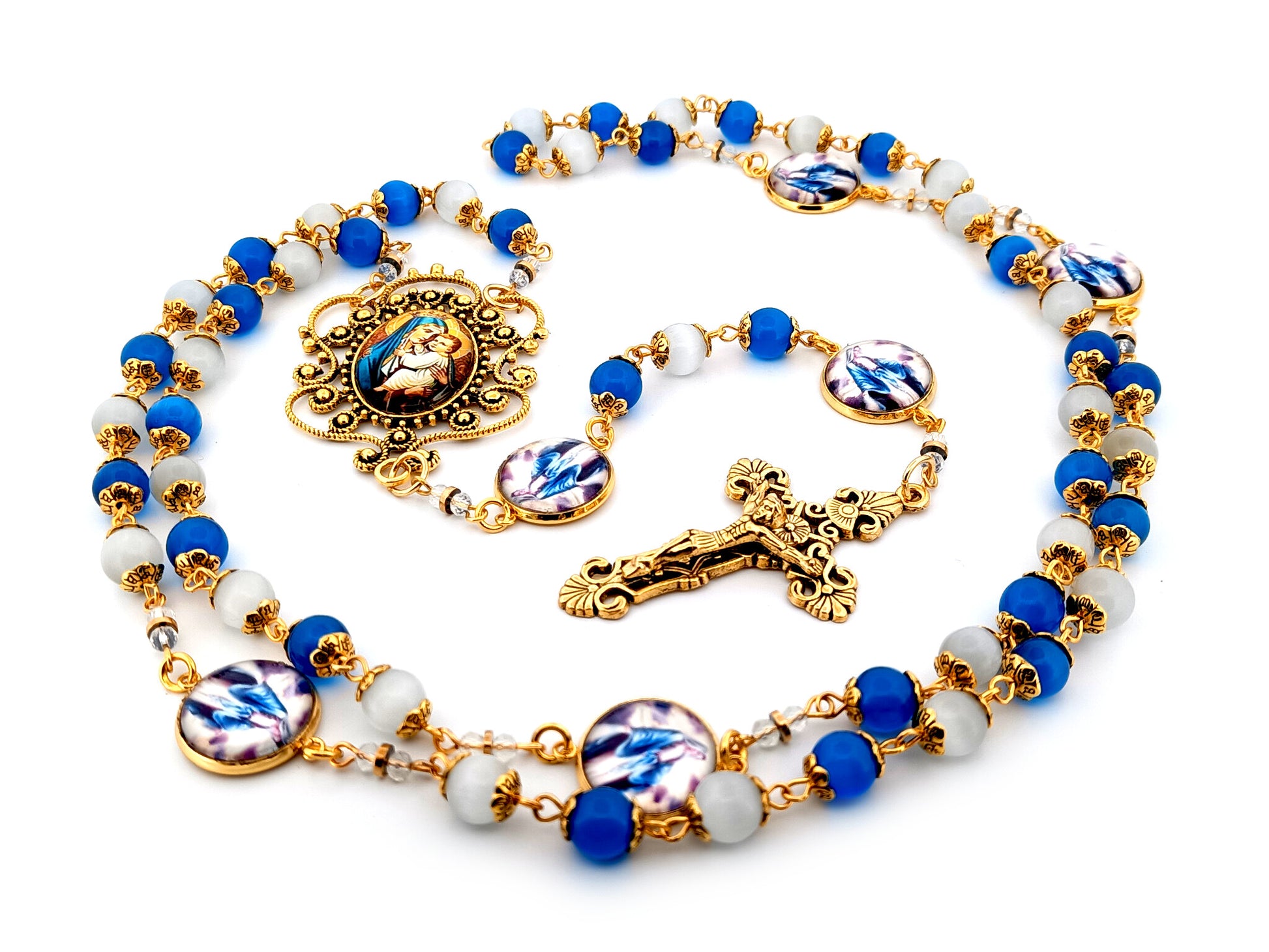 Our Lady of Perpetual Help unique rosary beads blue and opal glass rosary with gold plated filigree crucifix.
