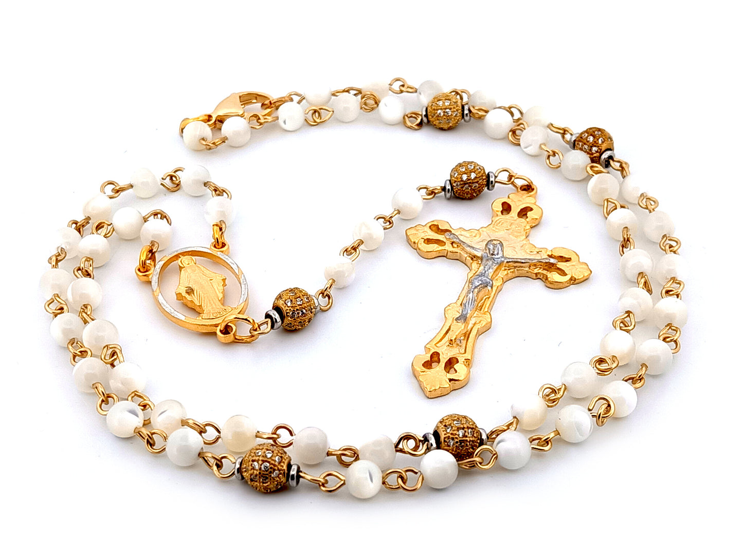 Miraculous Medal mother of pearl and cubic zirconia necklace rosary beads with gold plated pewter crucifix.