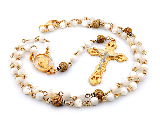 Miraculous Medal mother of pearl and cubic zirconia necklace rosary beads with gold plated pewter crucifix.