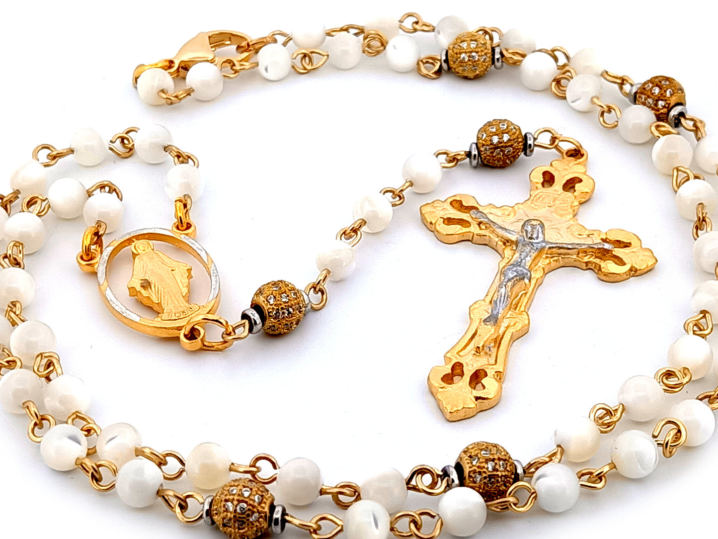 Miraculous Medal mother of pearl and cubic zirconia necklace rosary beads with gold plated pewter crucifix.