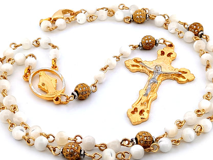 Miraculous Medal mother of pearl and cubic zirconia necklace rosary beads with gold plated pewter crucifix.
