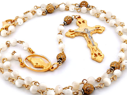 Miraculous Medal mother of pearl and cubic zirconia necklace rosary beads with gold plated pewter crucifix.