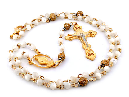 Miraculous Medal mother of pearl and cubic zirconia necklace rosary beads with gold plated pewter crucifix.