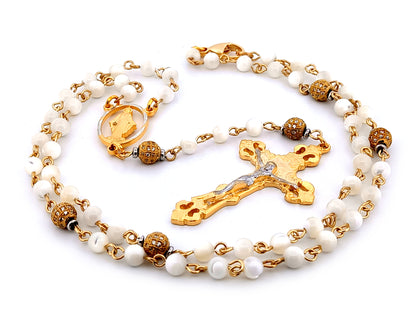 Miraculous Medal mother of pearl and cubic zirconia necklace rosary beads with gold plated pewter crucifix.