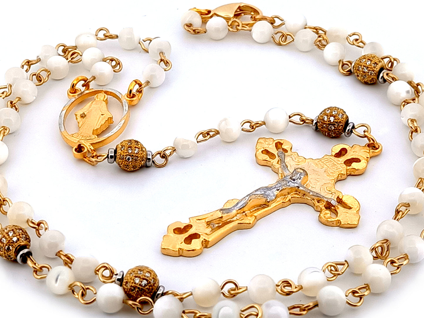Miraculous Medal mother of pearl and cubic zirconia necklace rosary beads with gold plated pewter crucifix.