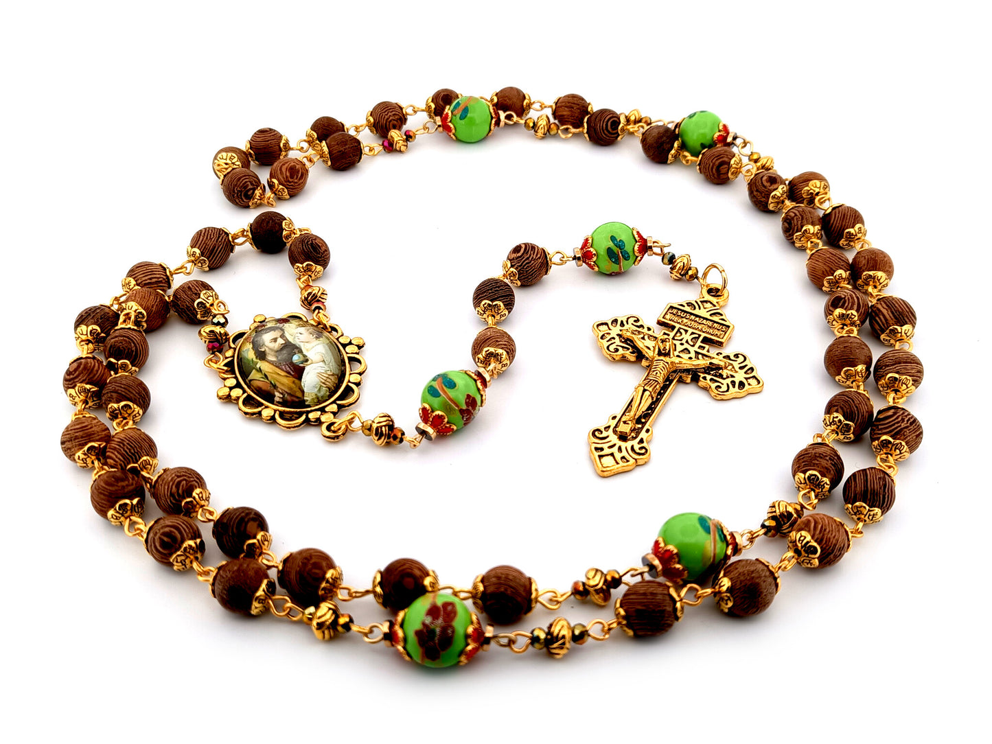 Saint Joseph dark olive wood and green porcelain unique rosary beads with gold plated Pardon crucifix.