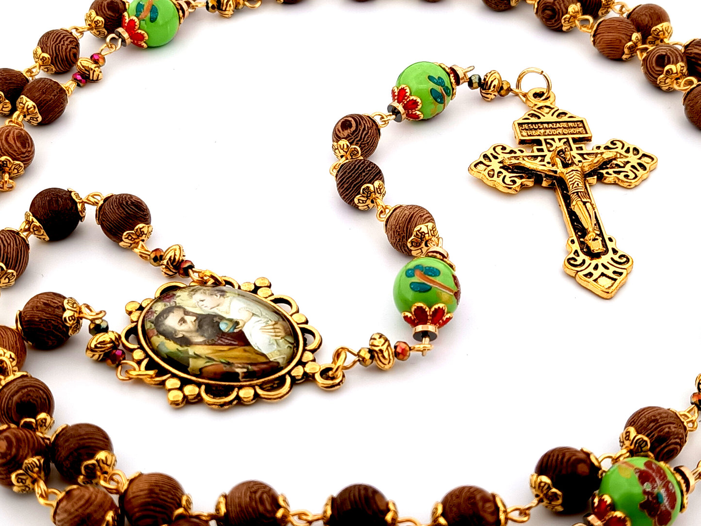 Saint Joseph dark olive wood and green porcelain unique rosary beads with gold plated Pardon crucifix.