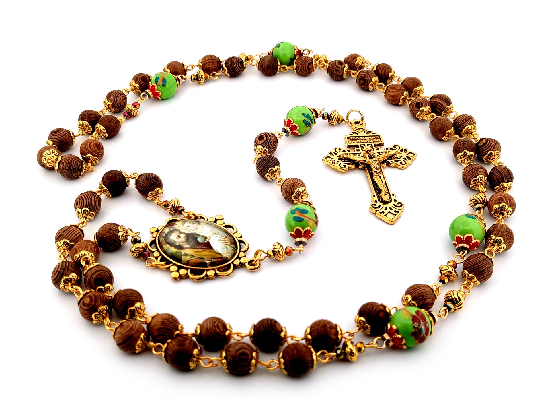 Saint Joseph dark olive wood and green porcelain unique rosary beads with gold plated Pardon crucifix.