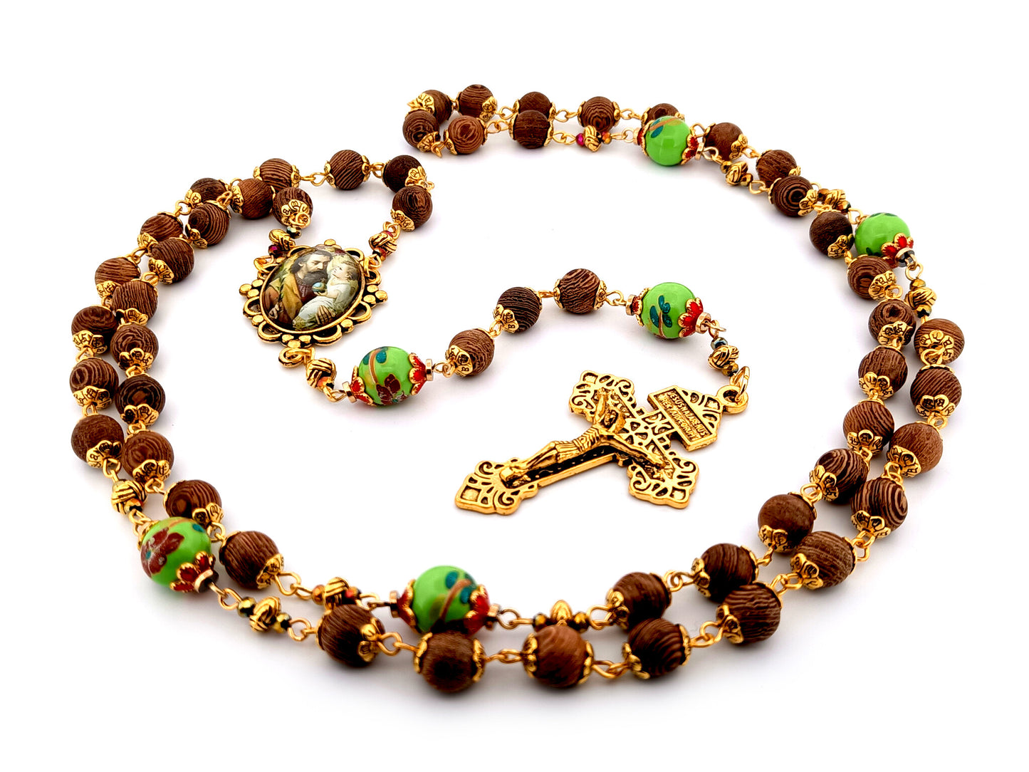 Saint Joseph dark olive wood and green porcelain unique rosary beads with gold plated Pardon crucifix.