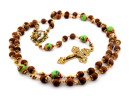 Saint Joseph dark olive wood and green porcelain unique rosary beads with gold plated Pardon crucifix.