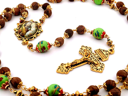 Saint Joseph dark olive wood and green porcelain unique rosary beads with gold plated Pardon crucifix.