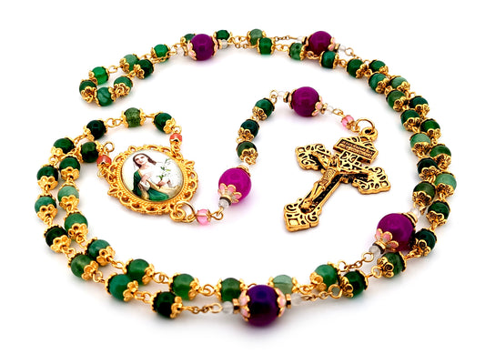 Saint Maria Goretti green agate and purple glass unique rosary beads with gold plated Pardon Crucifix.