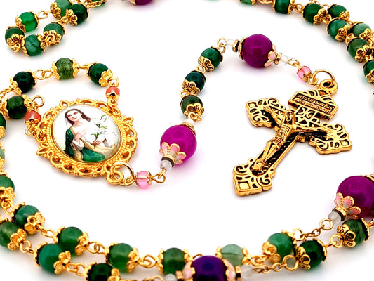 Saint Maria Goretti green agate and purple glass unique rosary beads with gold plated Pardon Crucifix.