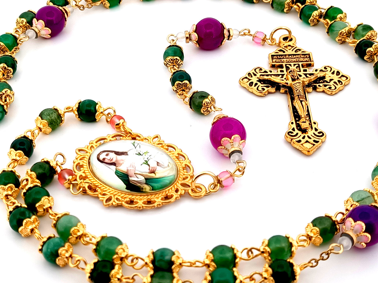 Saint Maria Goretti green agate and purple glass unique rosary beads with gold plated Pardon Crucifix.