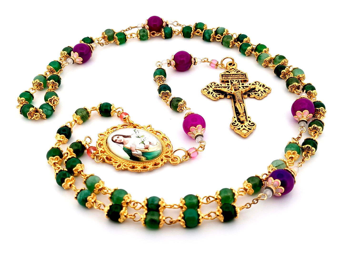 Saint Maria Goretti green agate and purple glass unique rosary beads with gold plated Pardon Crucifix.