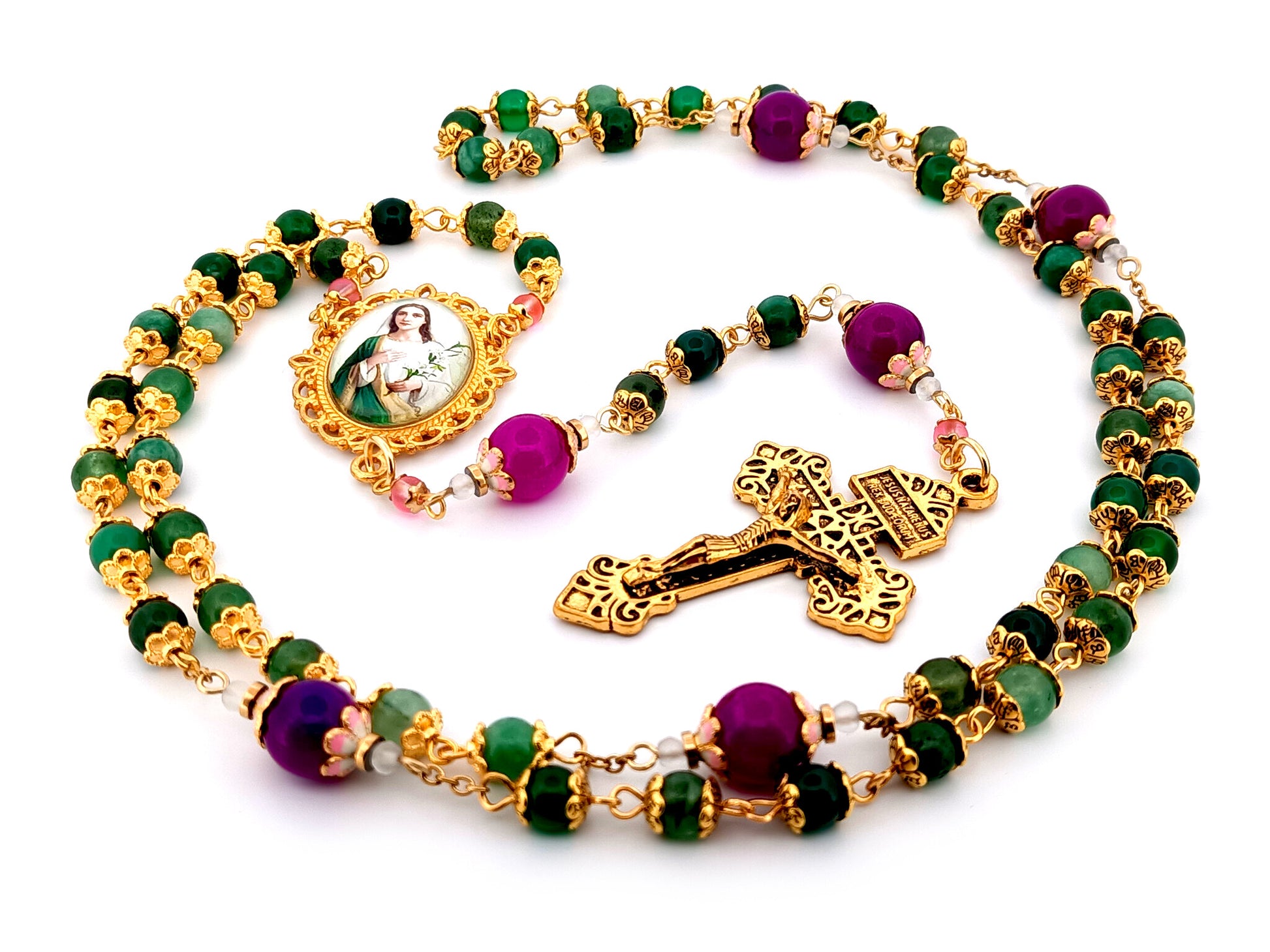 Saint Maria Goretti green agate and purple glass unique rosary beads with gold plated Pardon Crucifix.