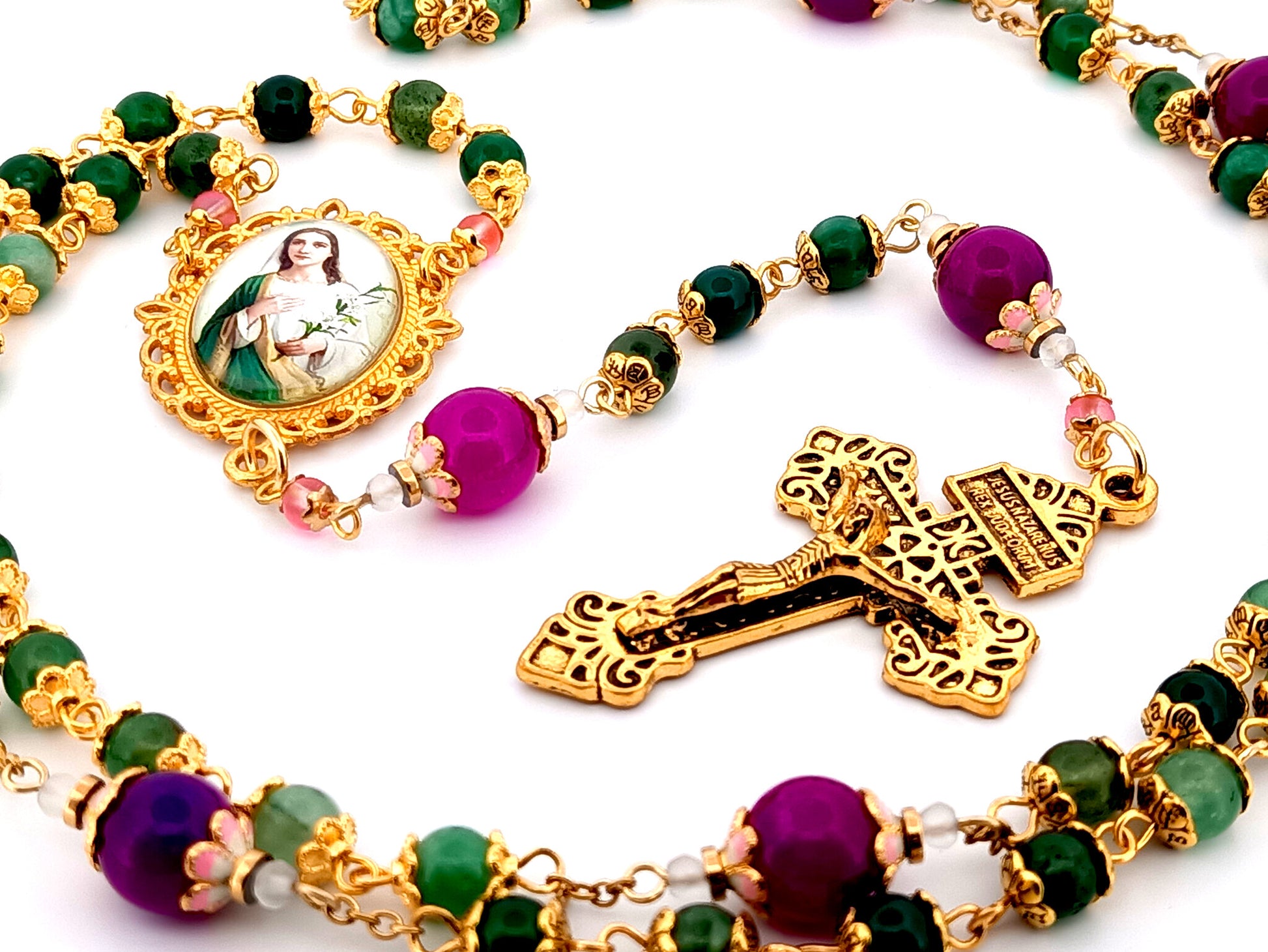 Saint Maria Goretti green agate and purple glass unique rosary beads with gold plated Pardon Crucifix.