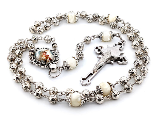 Our Lady Praying silver and mother of pearl unique rosary beads with stainless steel Saint Benedict crucifix.