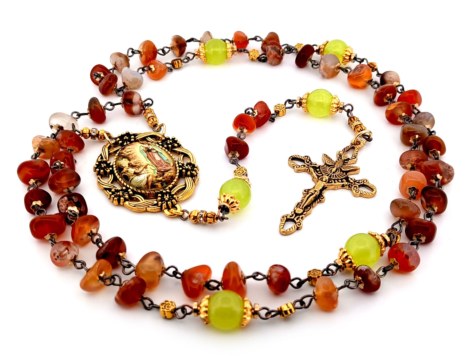 Our Lady of Guadalupe unique rosary beads nugget agate and peridot gemstone rosary with gold plated Holy Spirit crucifix.