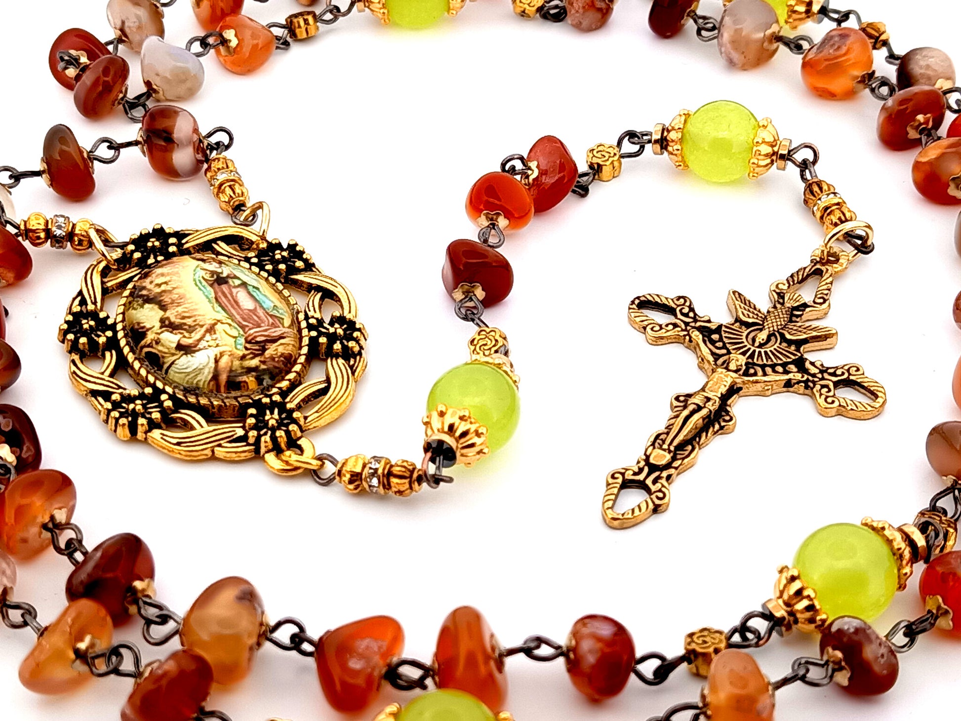 Our Lady of Guadalupe unique rosary beads nugget agate and peridot gemstone rosary with gold plated Holy Spirit crucifix.