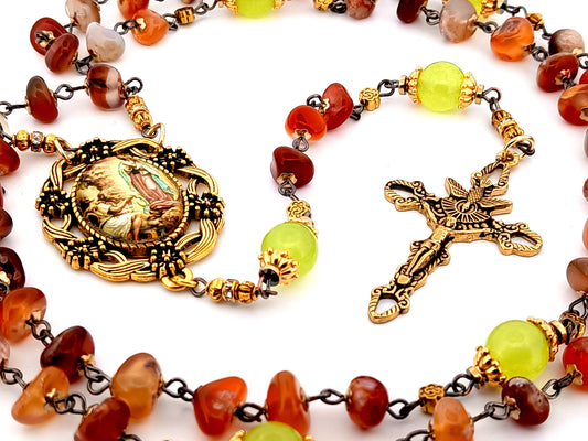 Our Lady of Guadalupe unique rosary beads nugget agate and peridot gemstone rosary with gold plated Holy Spirit crucifix.
