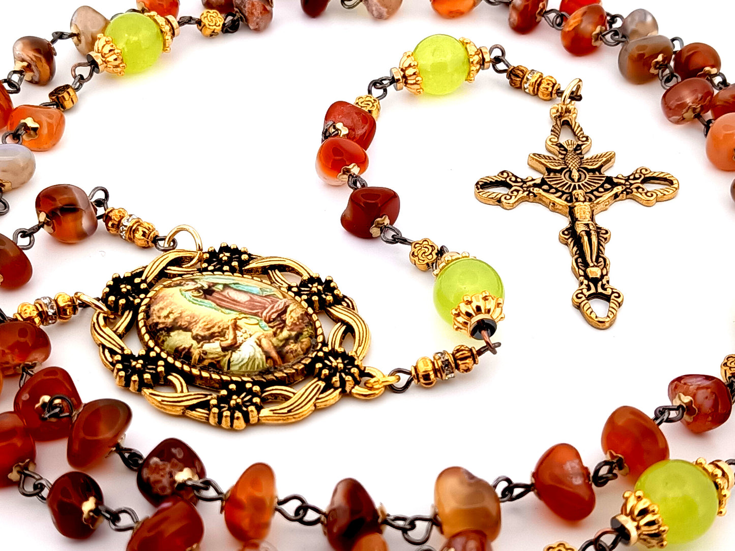 Our Lady of Guadalupe unique rosary beads nugget agate and peridot gemstone rosary with gold plated Holy Spirit crucifix.