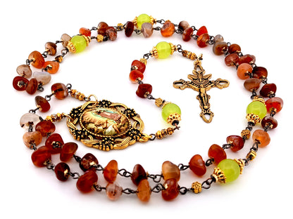Our Lady of Guadalupe unique rosary beads nugget agate and peridot gemstone rosary with gold plated Holy Spirit crucifix.