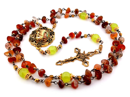 Our Lady of Guadalupe unique rosary beads nugget agate and peridot gemstone rosary with gold plated Holy Spirit crucifix.