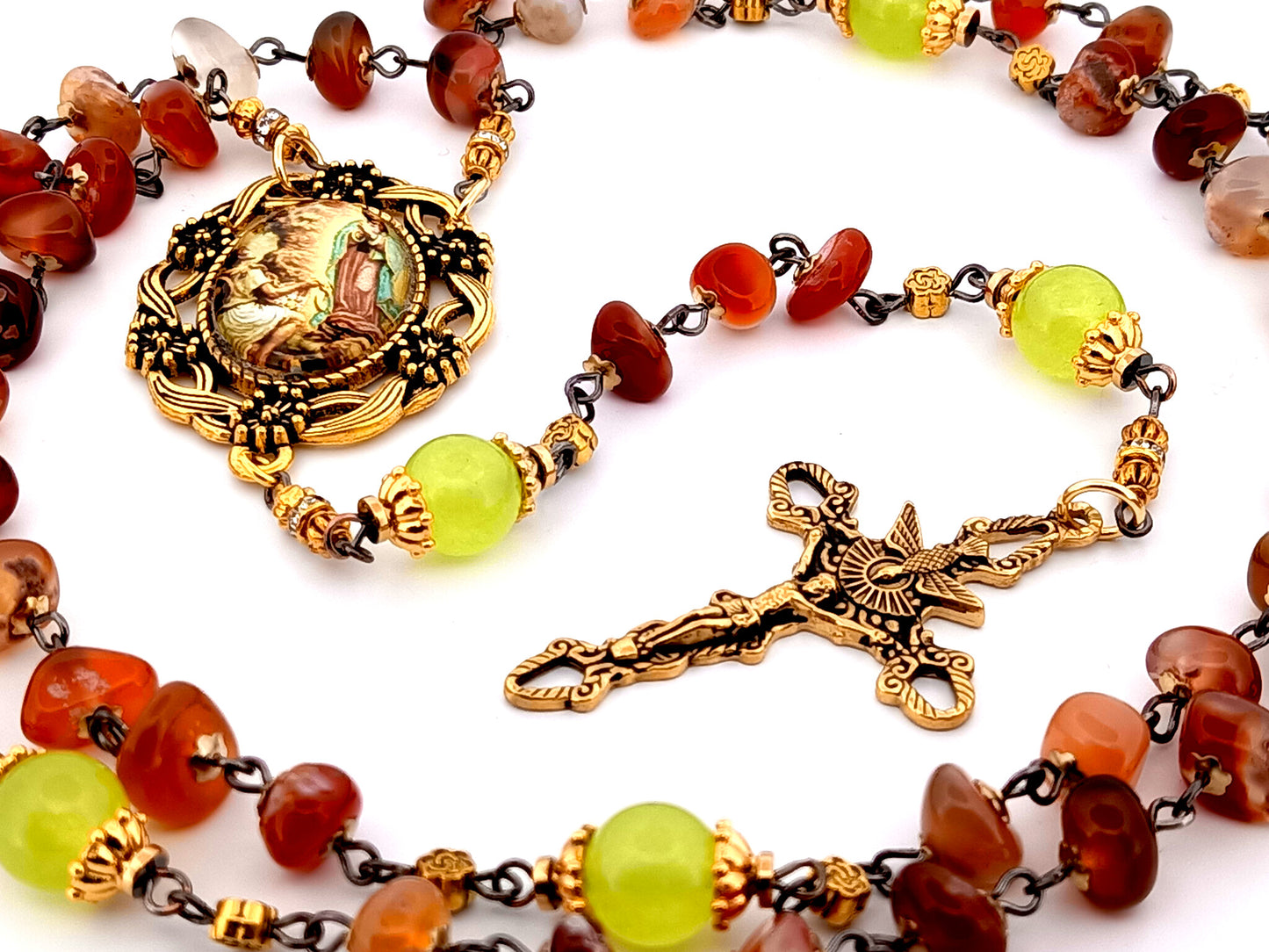 Our Lady of Guadalupe unique rosary beads nugget agate and peridot gemstone rosary with gold plated Holy Spirit crucifix.