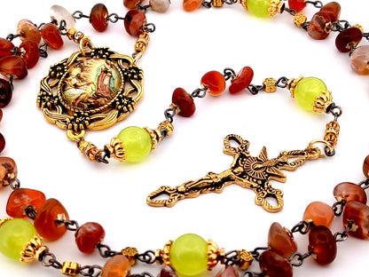 Our Lady of Guadalupe unique rosary beads nugget agate and peridot gemstone rosary with gold plated Holy Spirit crucifix.