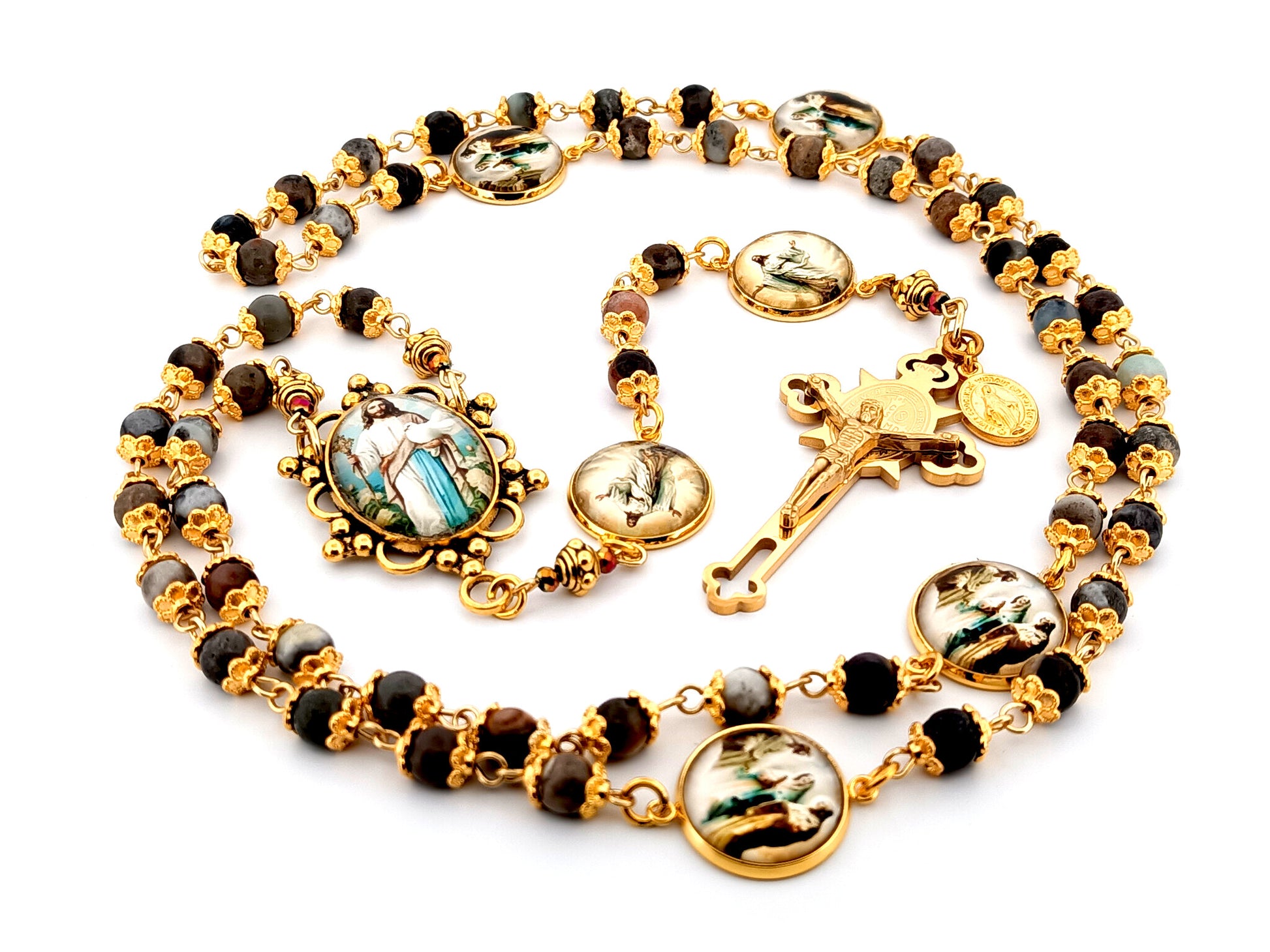 The Good Shepherd unique rosary beads Indian agate gemstone rosary with gold plated Saint Benedict crucifix.