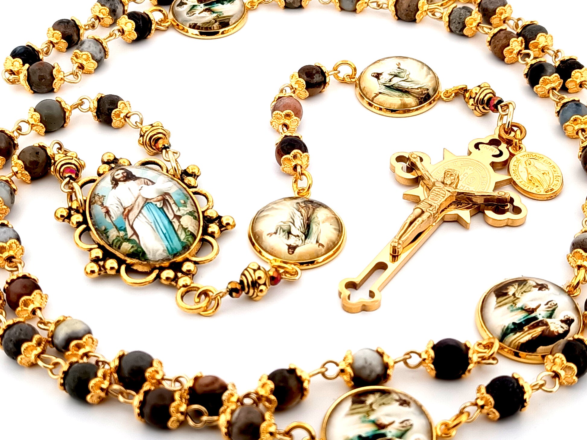 The Good Shepherd unique rosary beads Indian agate gemstone rosary with gold plated Saint Benedict crucifix.
