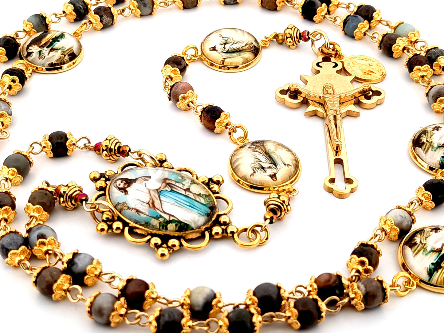 The Good Shepherd unique rosary beads Indian agate gemstone rosary with gold plated Saint Benedict crucifix.