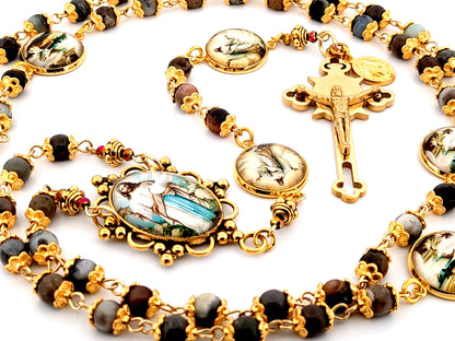The Good Shepherd unique rosary beads Indian agate gemstone rosary with gold plated Saint Benedict crucifix.