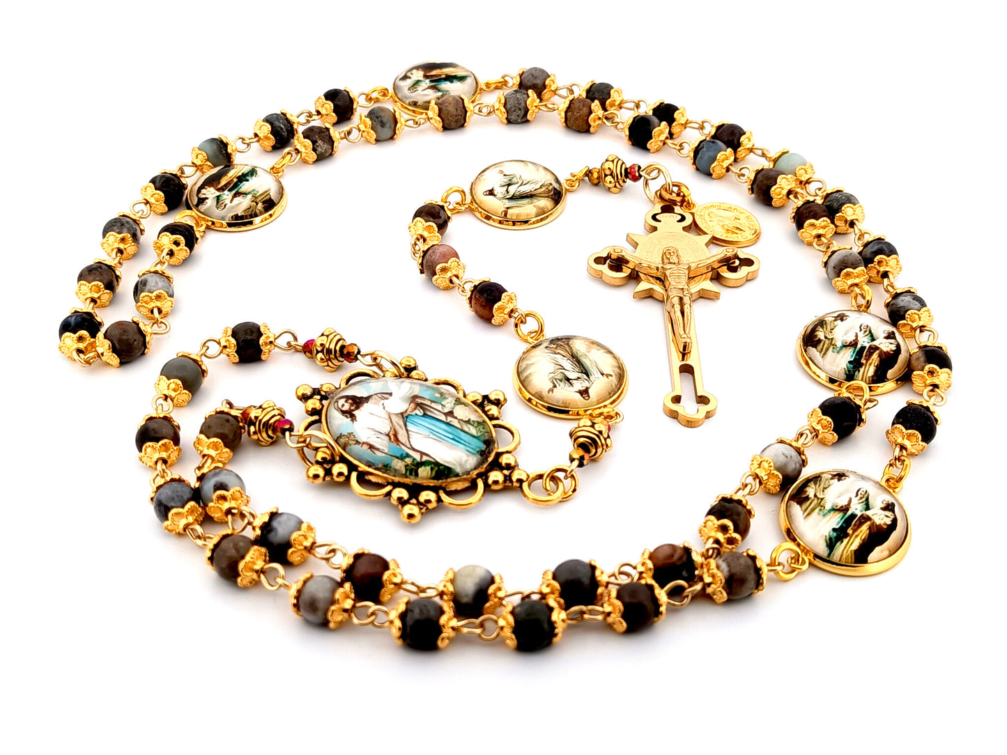 The Good Shepherd unique rosary beads Indian agate gemstone rosary with gold plated Saint Benedict crucifix.