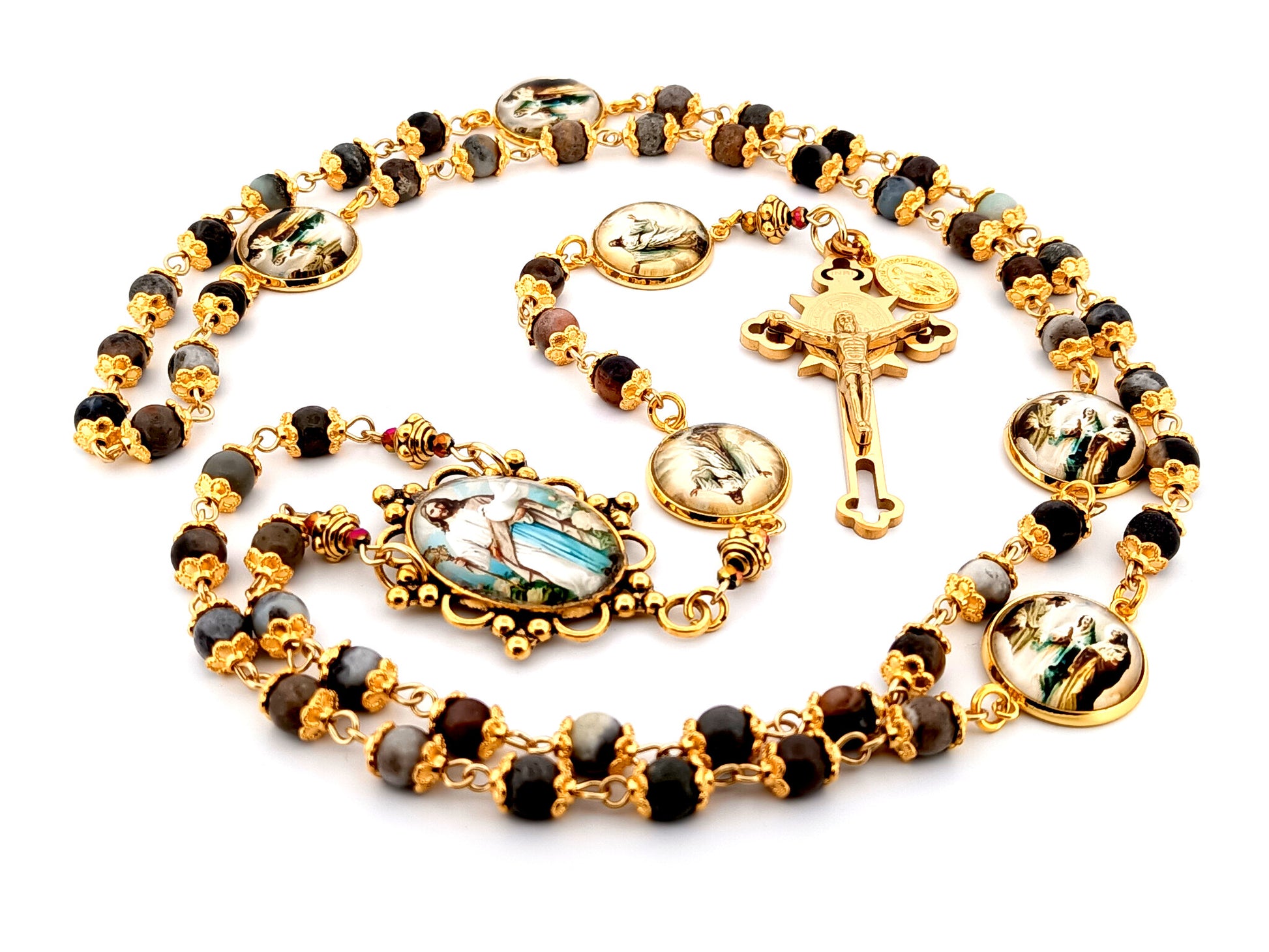 The Good Shepherd unique rosary beads Indian agate gemstone rosary with gold plated Saint Benedict crucifix.